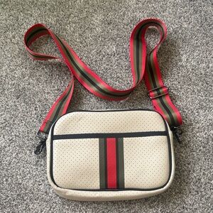 HAUTE SHORE Beige Crossbody Bag with Red and Green Stripes